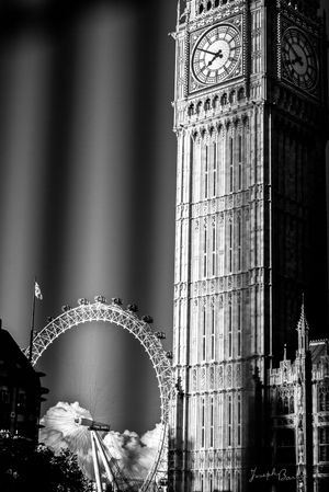 Black and white image of Big Ben clock tower in London shown from different dramatic angles.