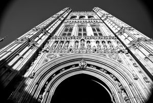 Gothic cathedral facade details shown in dramatic black and white architectural photographs.
