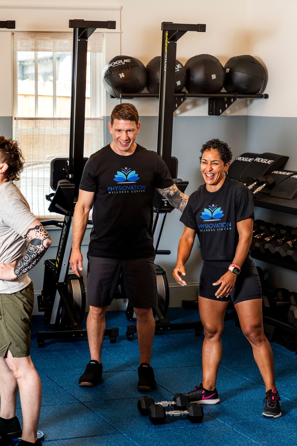 A progression series showing people exercising at a gym facility with blue flooring and exercise equipment.