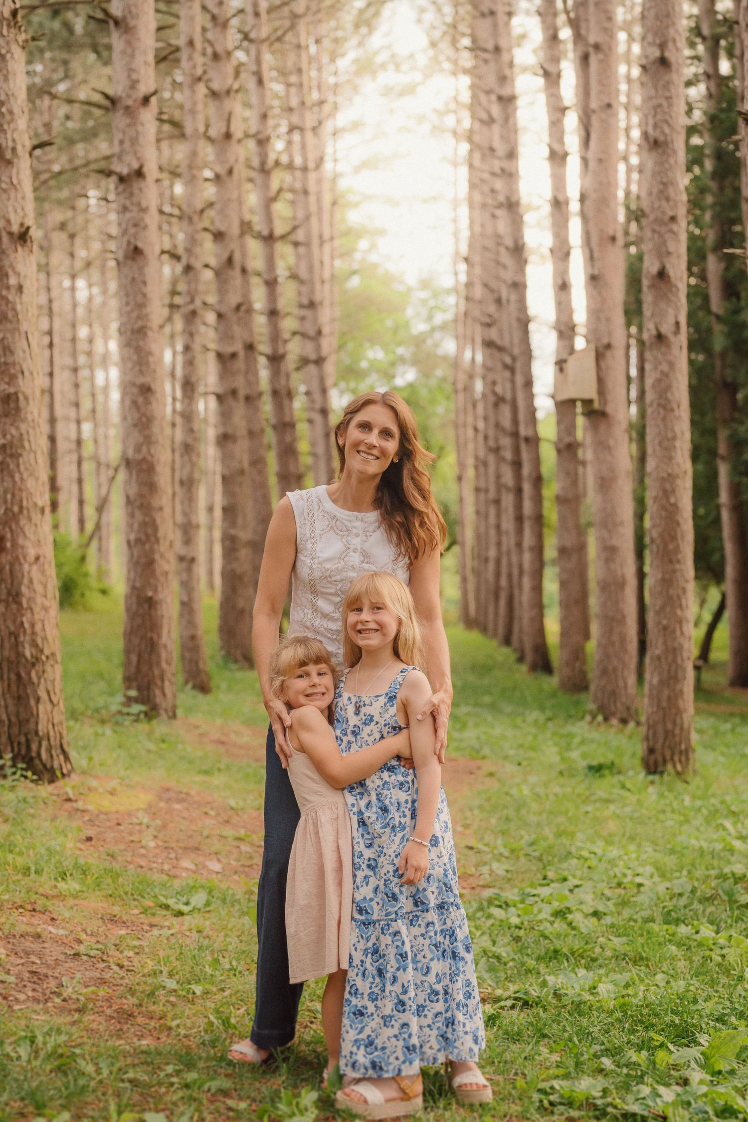 An outdoor photo session in a serene pine forest with dappled sunlight filtering through the trees.