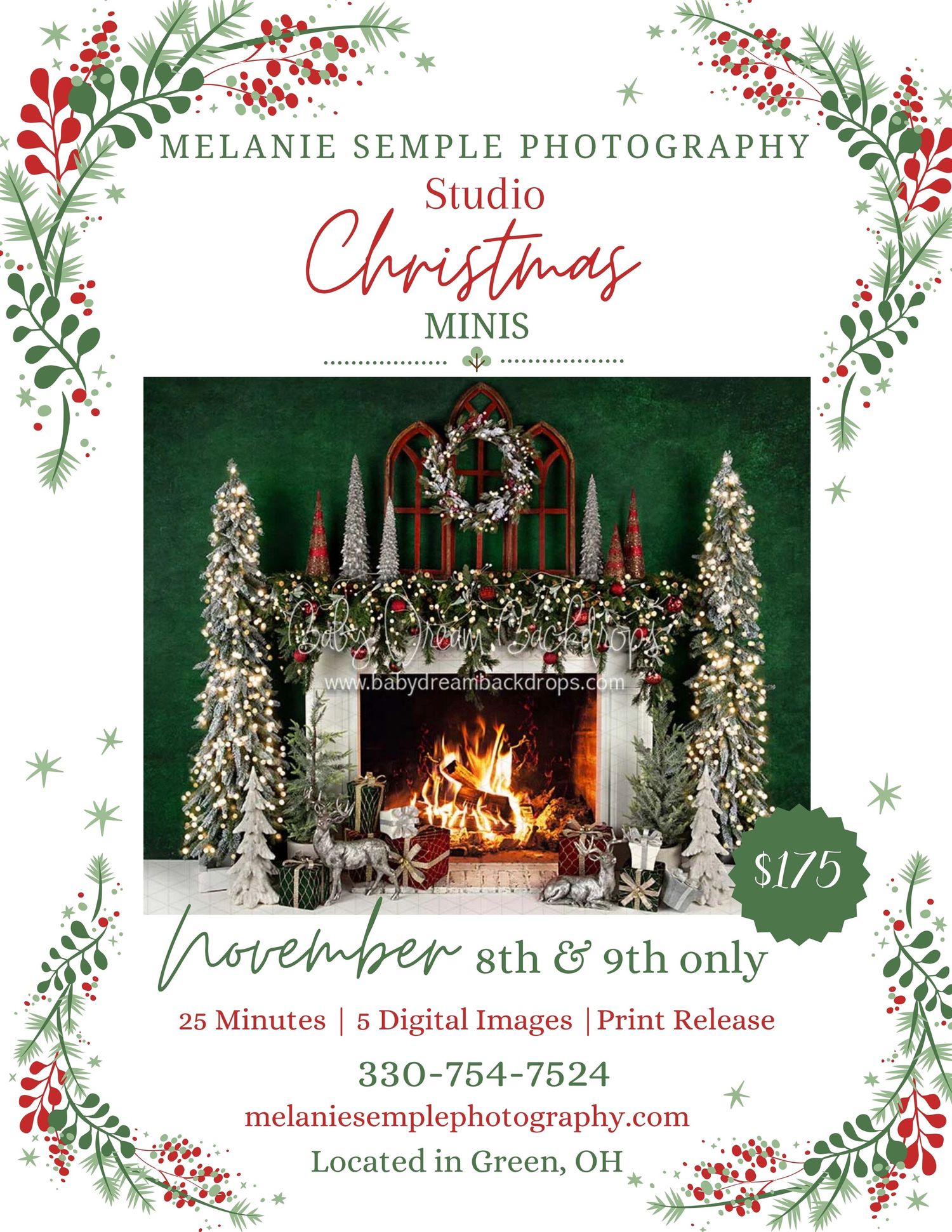Christmas mini photo session advertisement featuring floral borders and cozy fireplace with holiday decor.