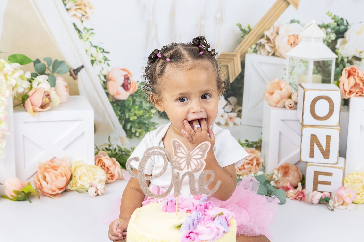 Floral themed milestone session with pink roses and butterfly decorations.