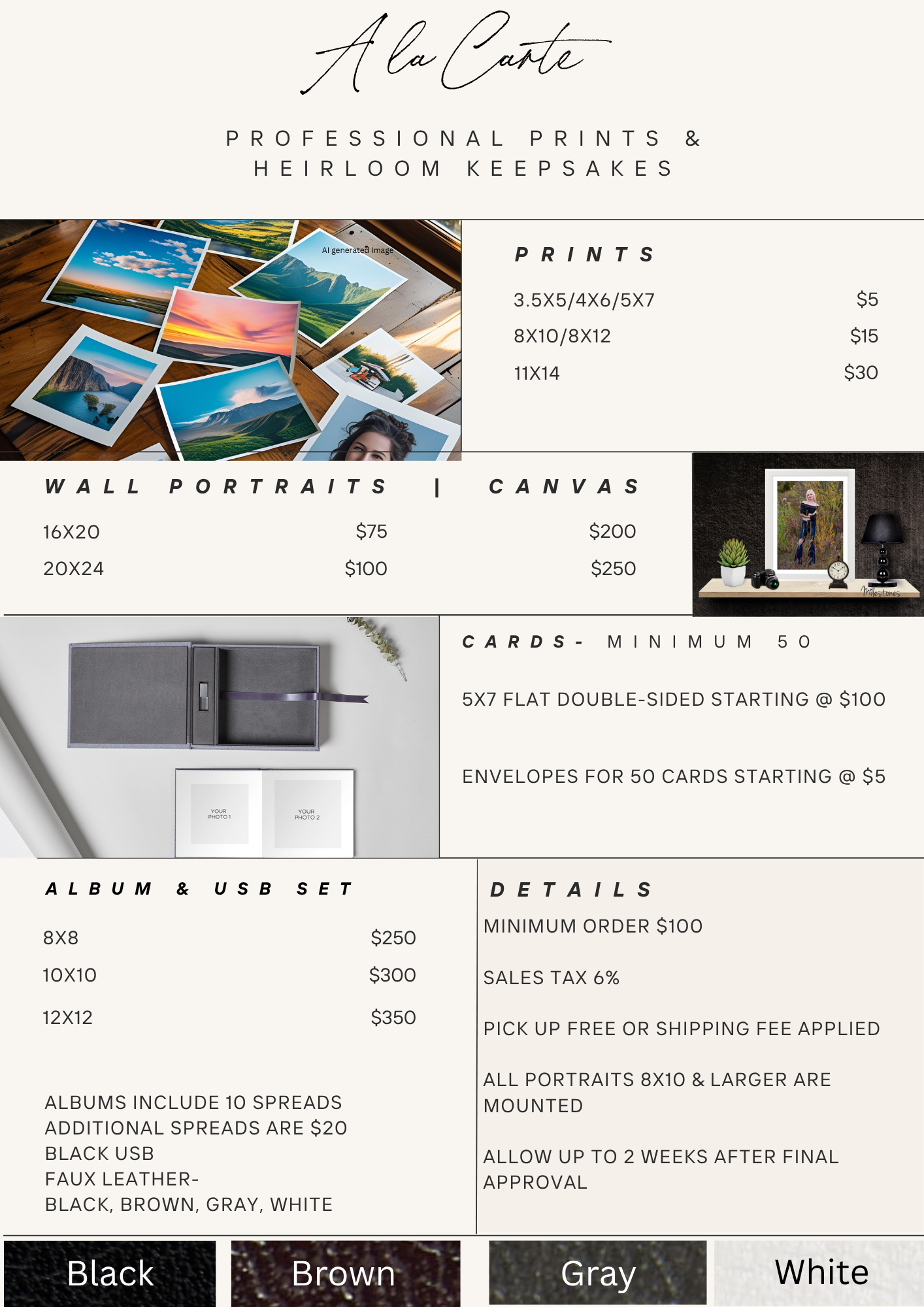 Ala carte products from Milestones Studios, Albums, wall art, and prints.