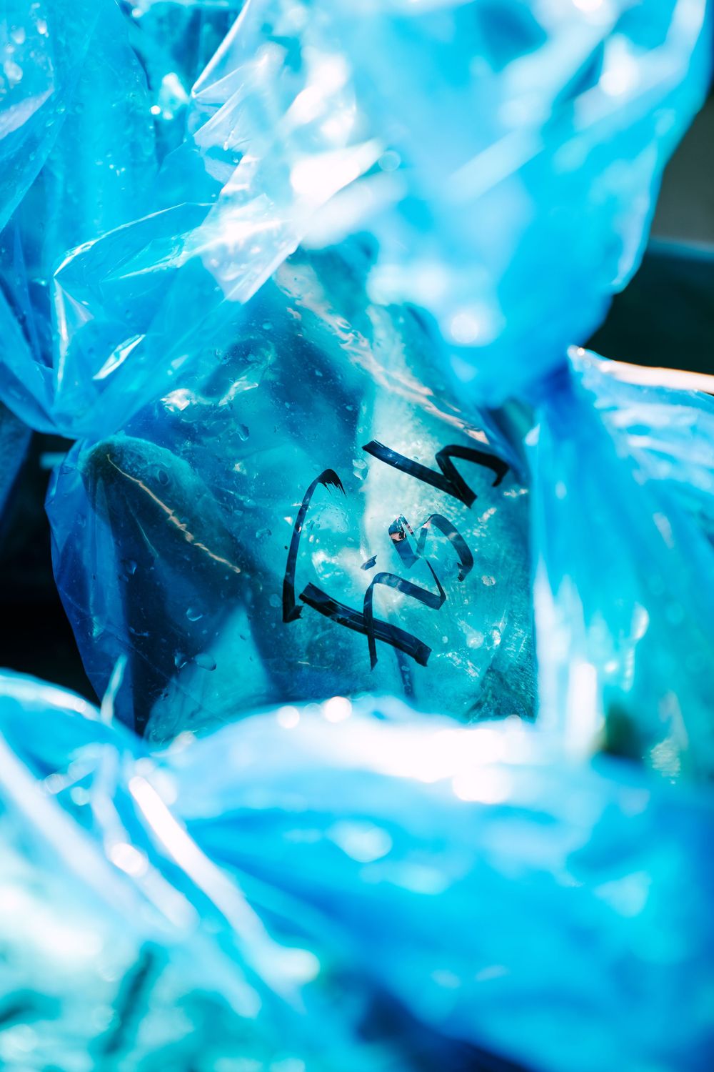 Abstract close-up of translucent blue ice crystals with sharp angular formations.