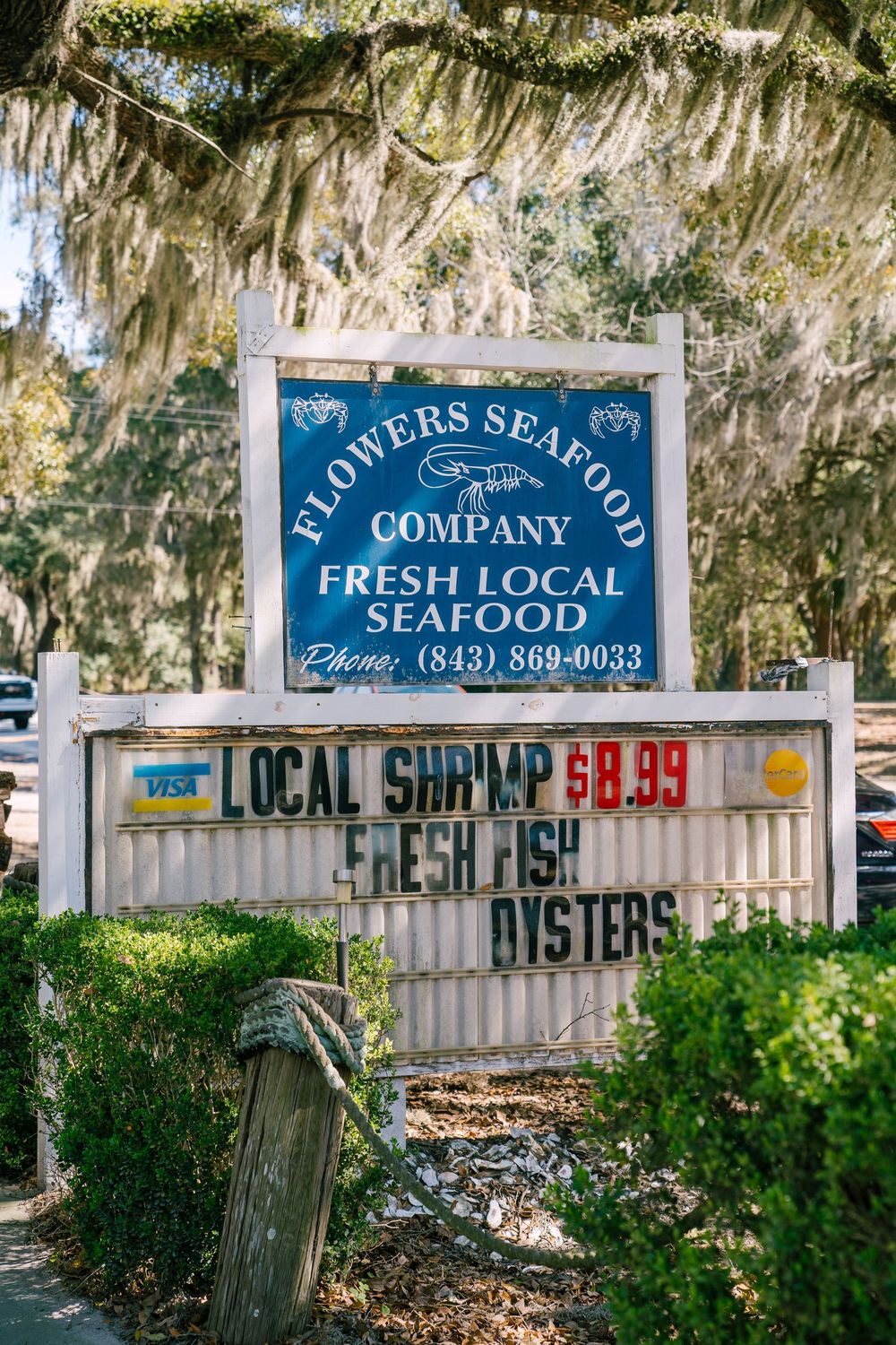 Rustic seafood market signs advertising fresh fish and local shrimp along a fence with Spanish moss hanging overhead.