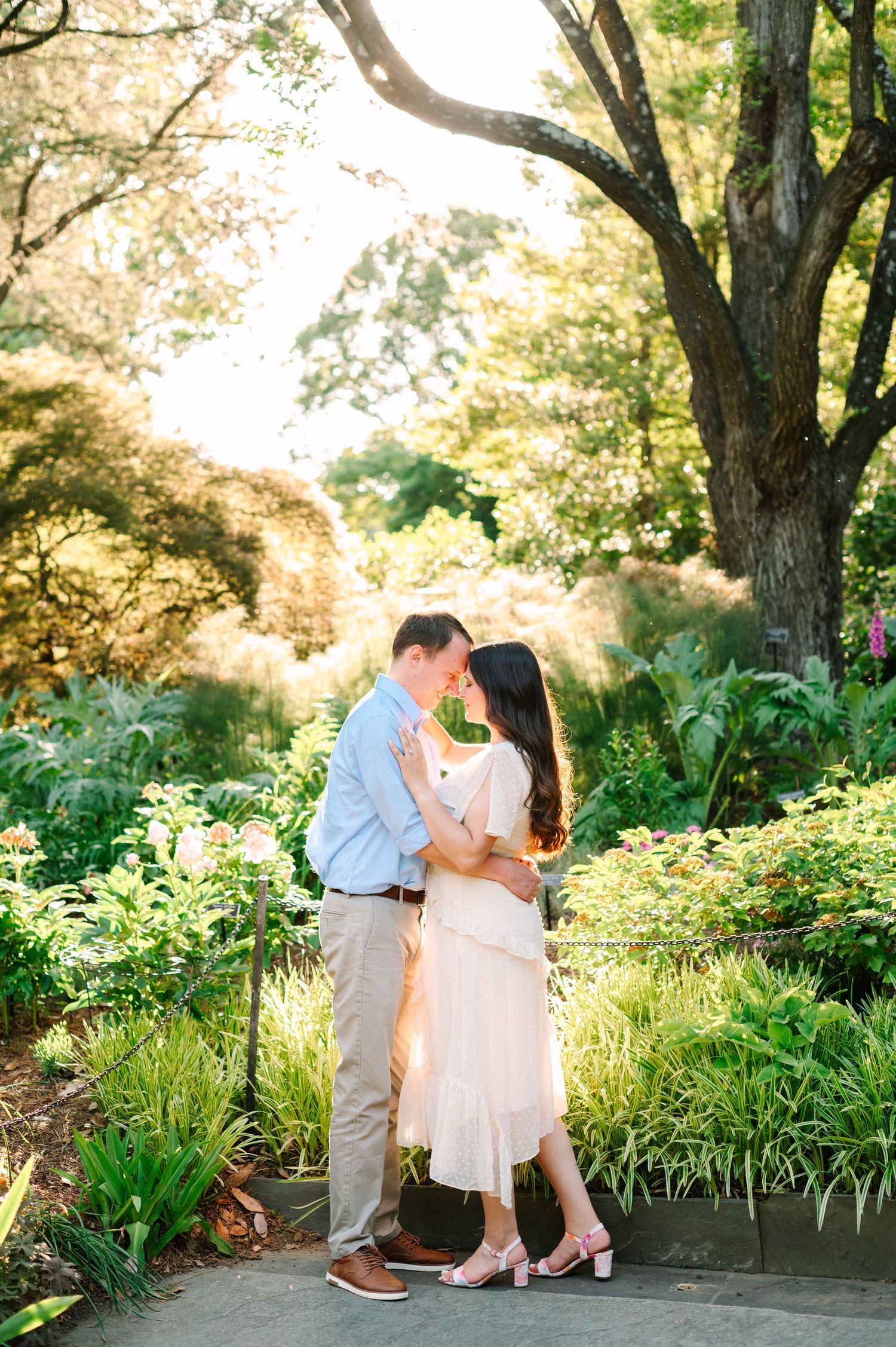 Sunlit garden romance captured among lush greenery and blooming trees.