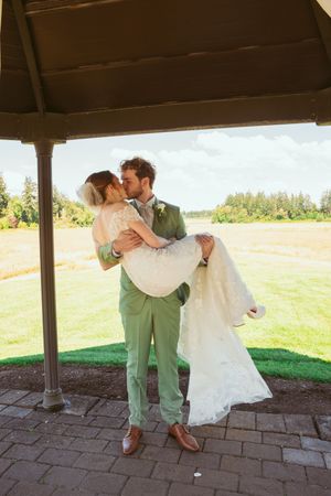 Sequential photos show couple dancing and dipping under covered outdoor space at wedding.