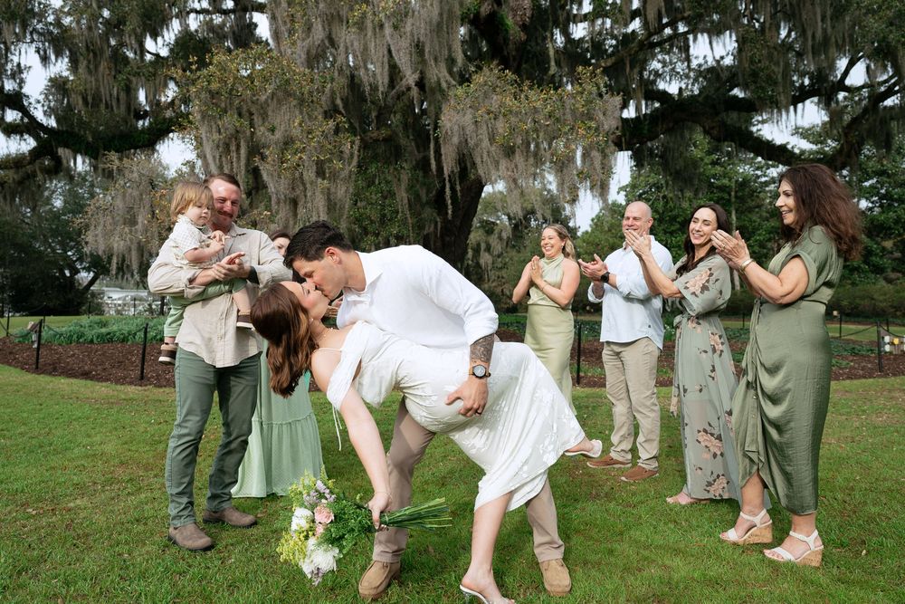 Five joyful wedding party photos showing outdoor dancing and celebration under Spanish moss covered trees.