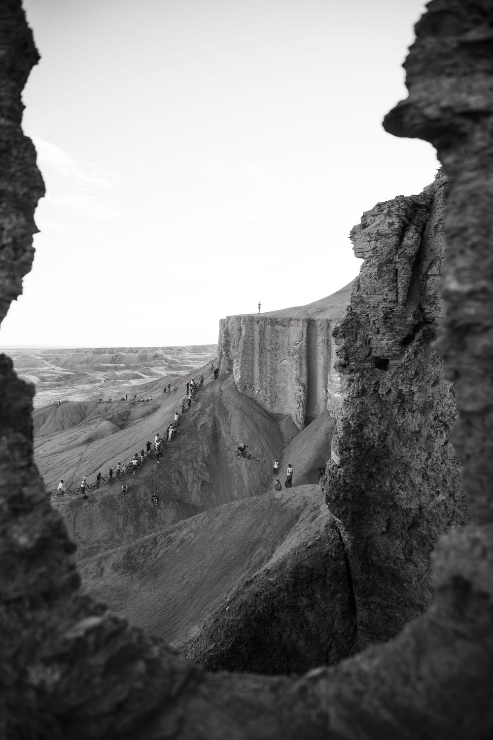 Scenic black and white of mountain biking in the Utah desert