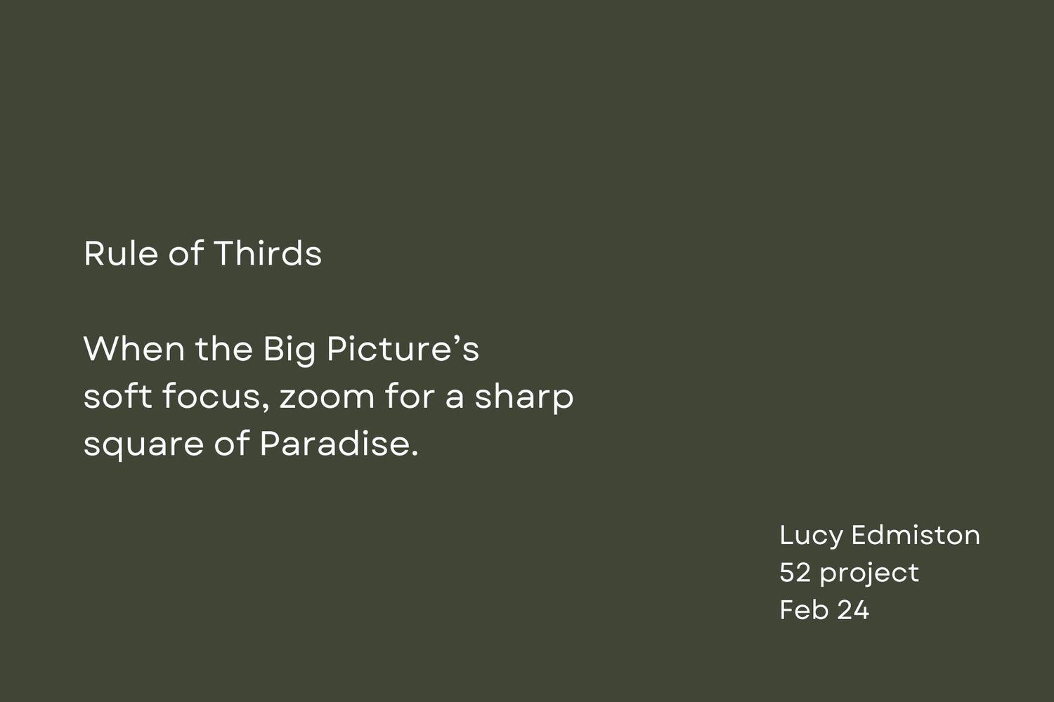 Poem about photography composition and Paradise displayed on dark green background with white text.