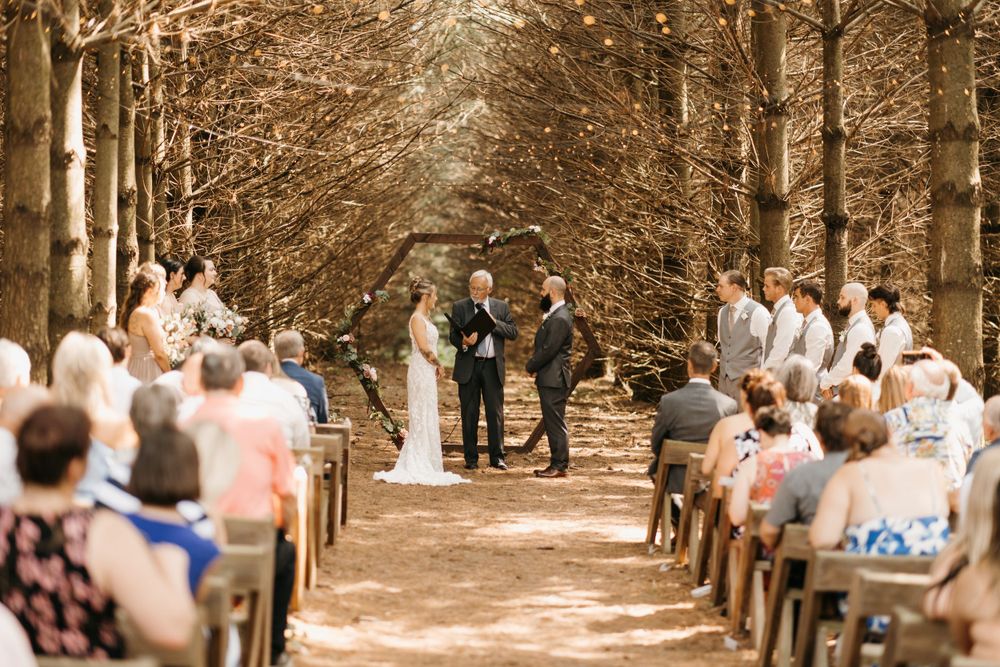 Bride and groom exchange vows beneath canopy of trees at stunning outdoor woodland wedding ceremony.