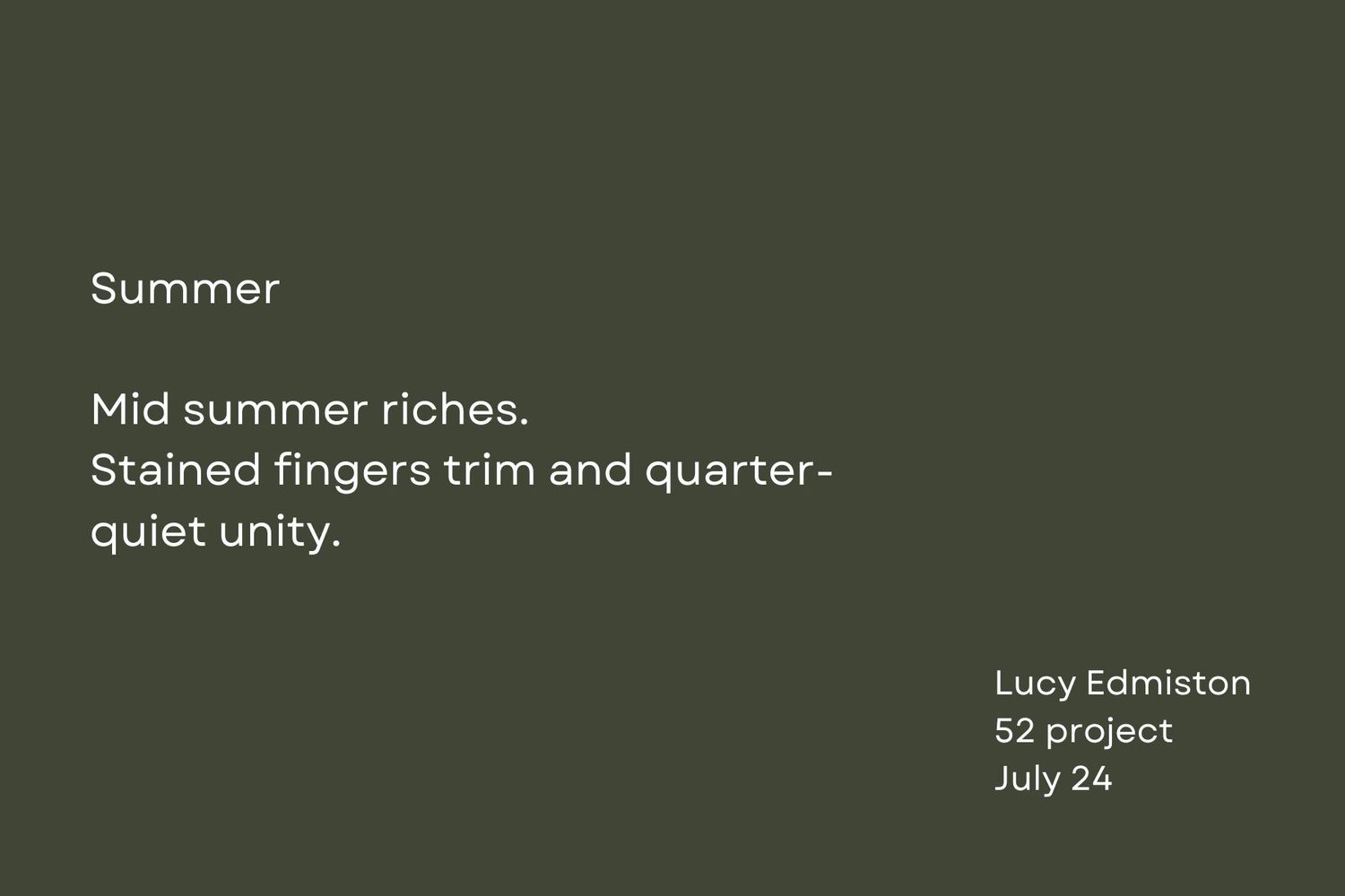 A haiku-style summer poem about unity presented on a forest green background.