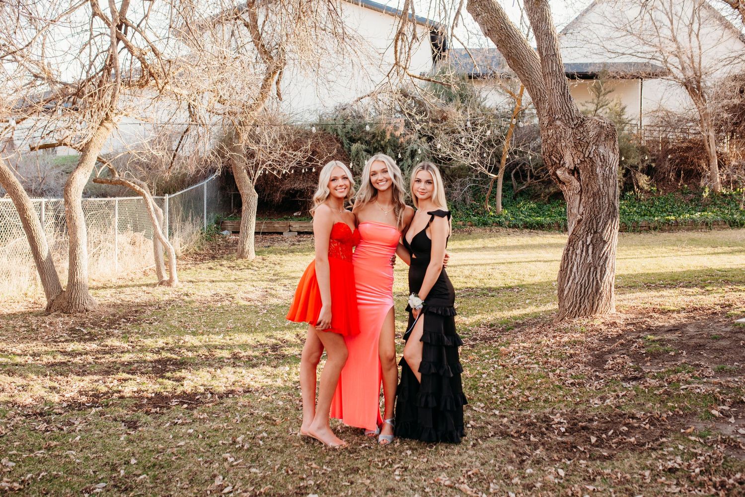 Three friends in formal dresses pose together outdoors against a natural backdrop with bare trees.