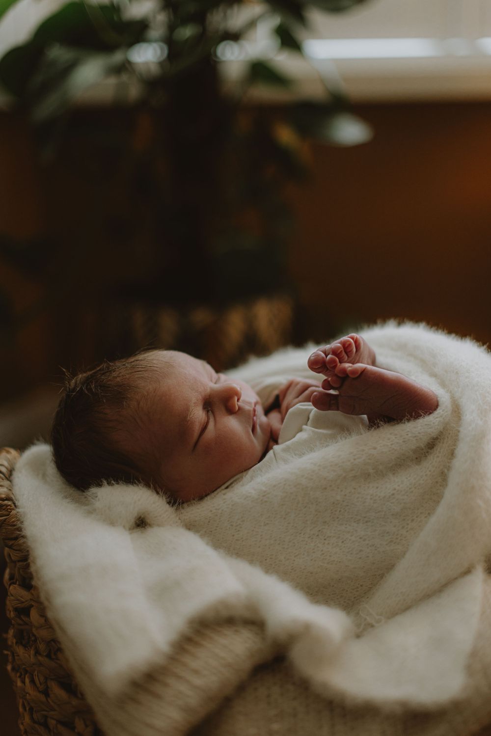 Newborn baby wrapped in soft white blanket sleeping peacefully in natural light.
