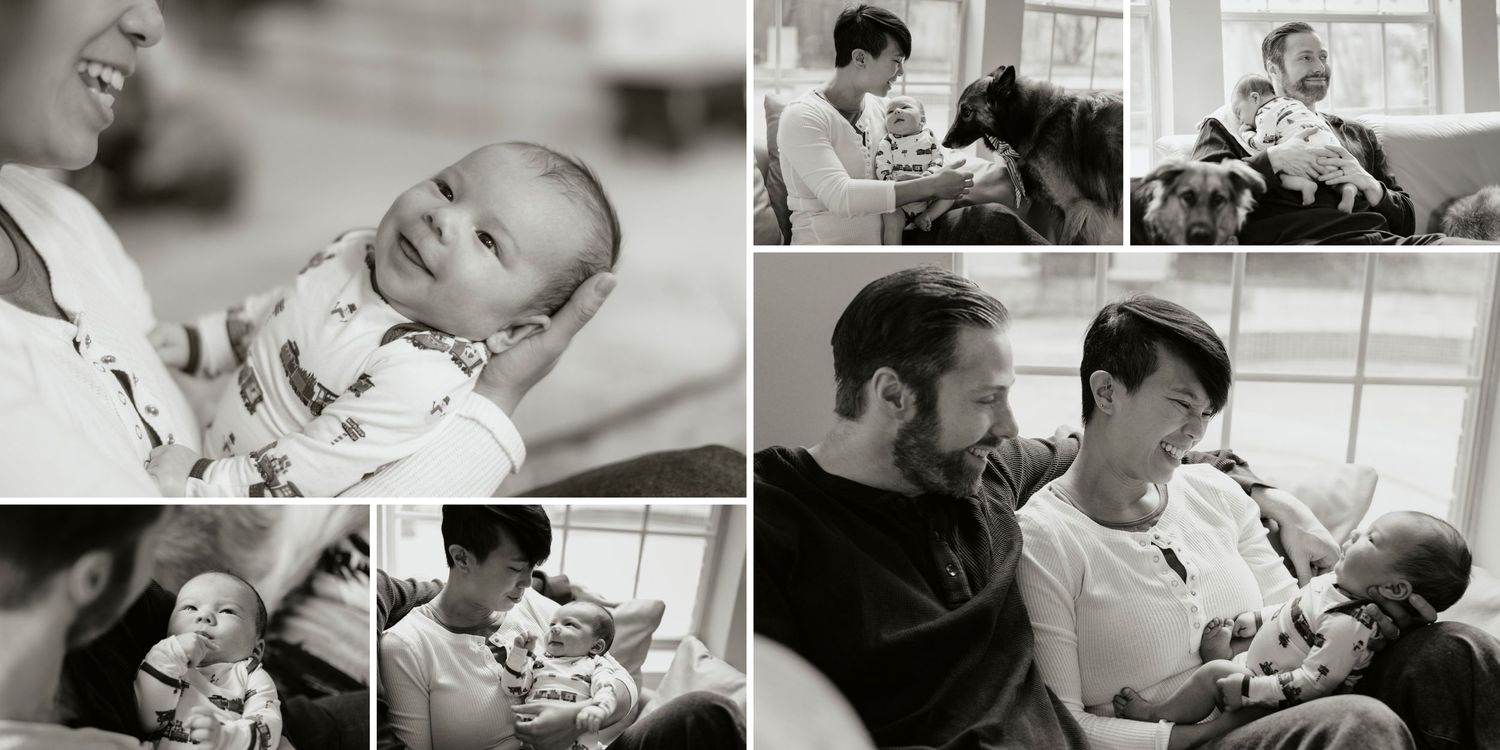 A series of black and white photos showing tender moments between a newborn baby and family members in newborn session Cedar Park Austin TX