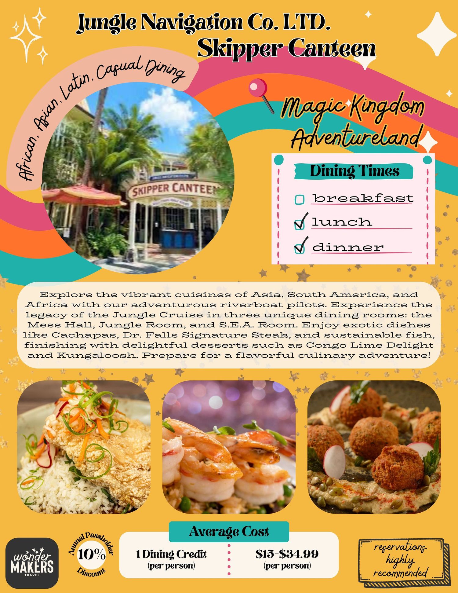 Colorful restaurant sign for Skipper Canteen at Magic Kingdom with tropical palm trees and photos of Asian-inspired dishes.