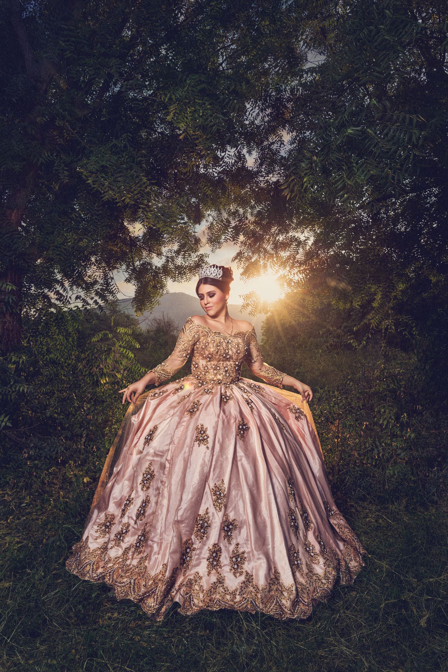 A stunning gold and blush ballgown with intricate details photographed in a mystical forest setting at sunset.