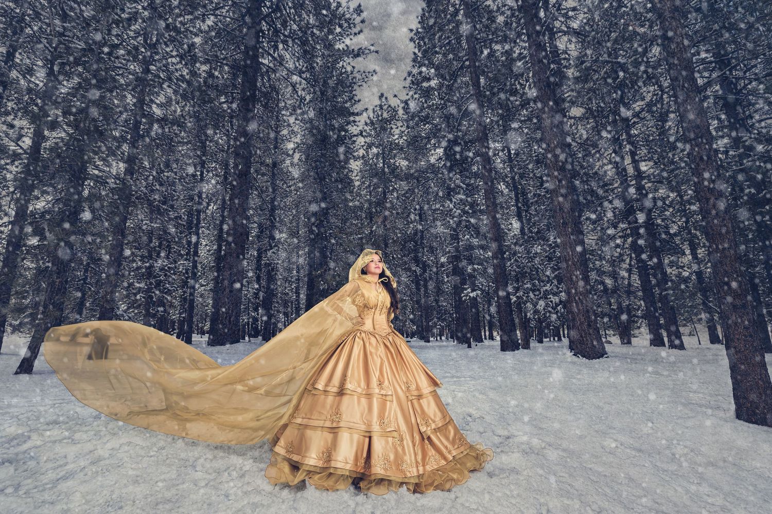 A golden ballgown dress flows dramatically in a snowy winter forest setting during a fashion photoshoot.