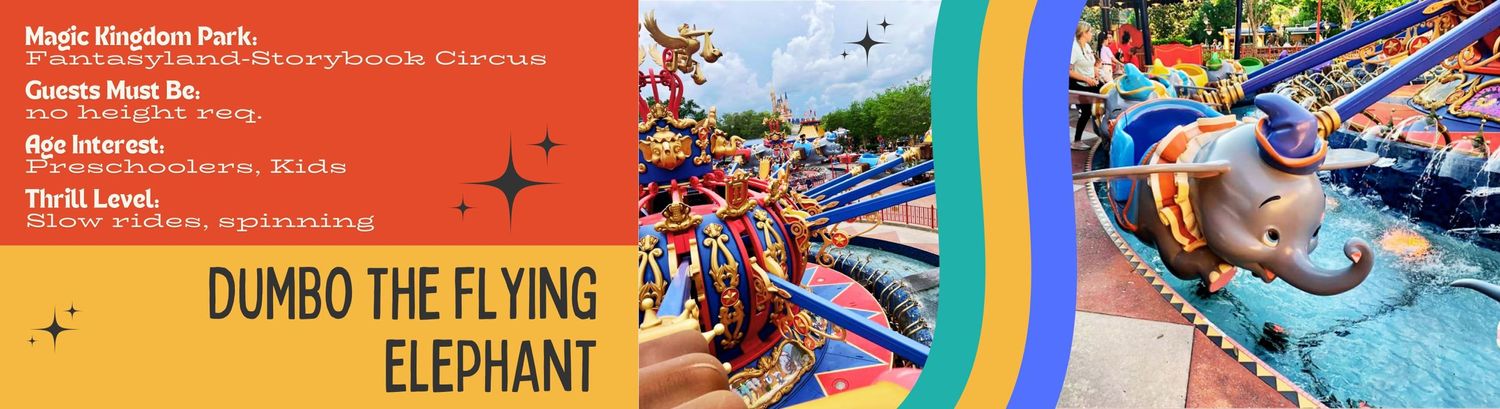 Colorful aerial view of Disney's Dumbo the Flying Elephant ride with riders enjoying the classic spinning attraction.