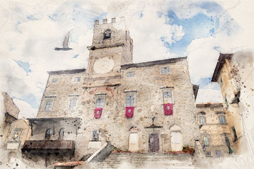 Watercolor painting of a medieval stone building with tower and red banners in an Italian village.