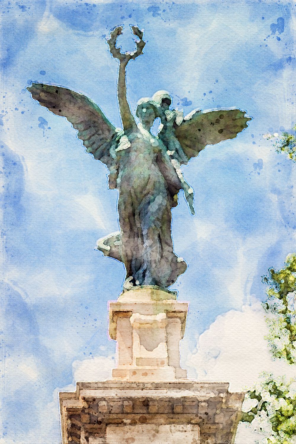 Bronze angel statue holding a wreath atop a stone pedestal against a bright blue watercolor sky in Rome.