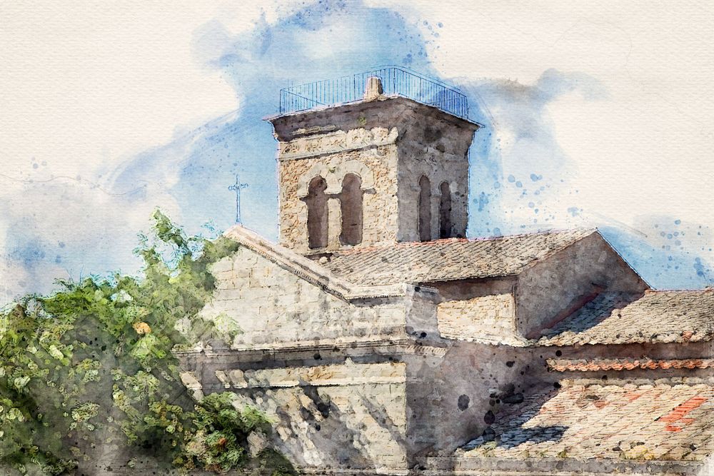 Watercolor sketch of a historic stone church tower in Tuscany with arched windows against blue sky.