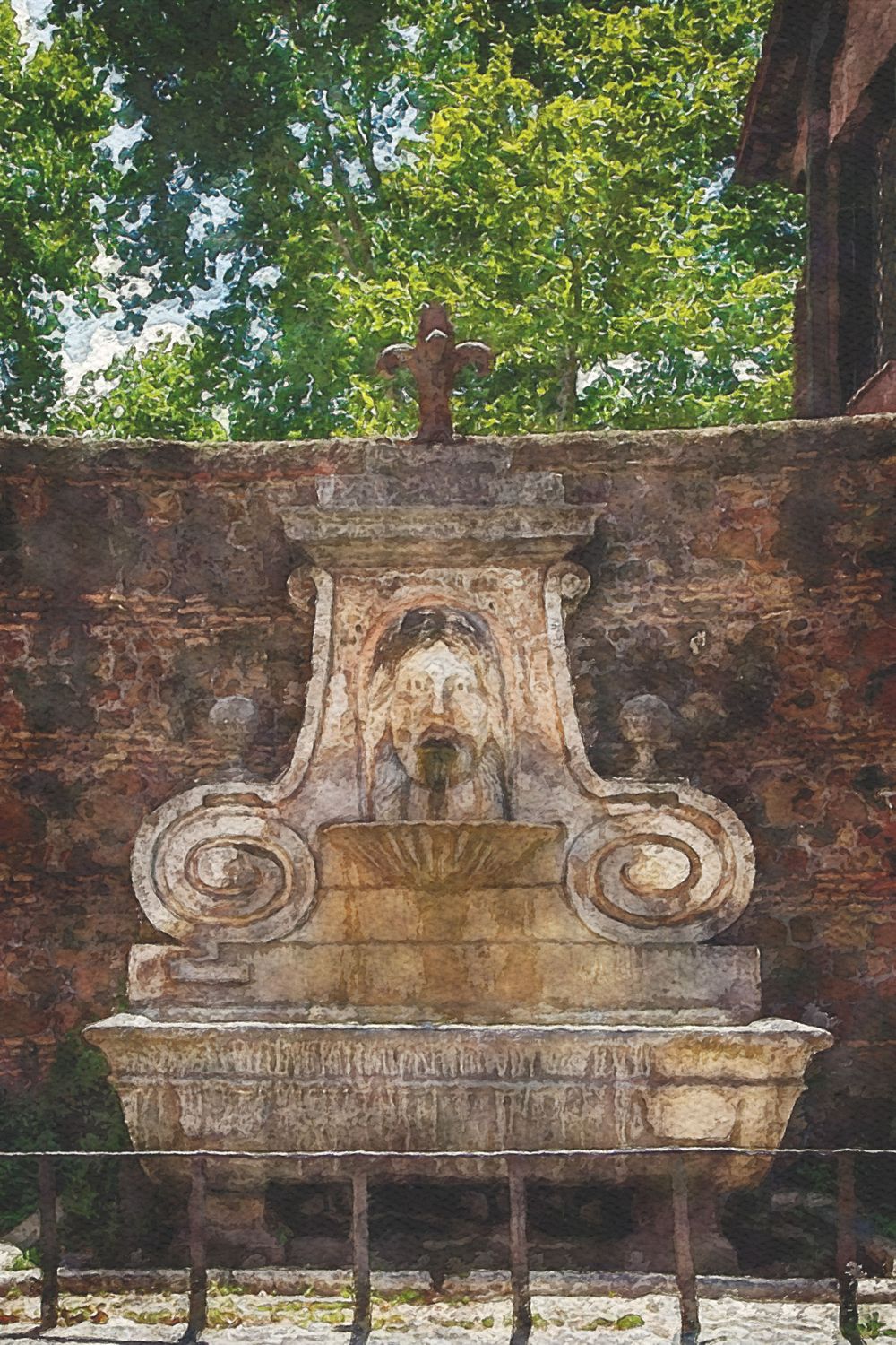 Ornate stone fountain with decorative scrollwork and carved face mounted on an old brick wall in Rome.