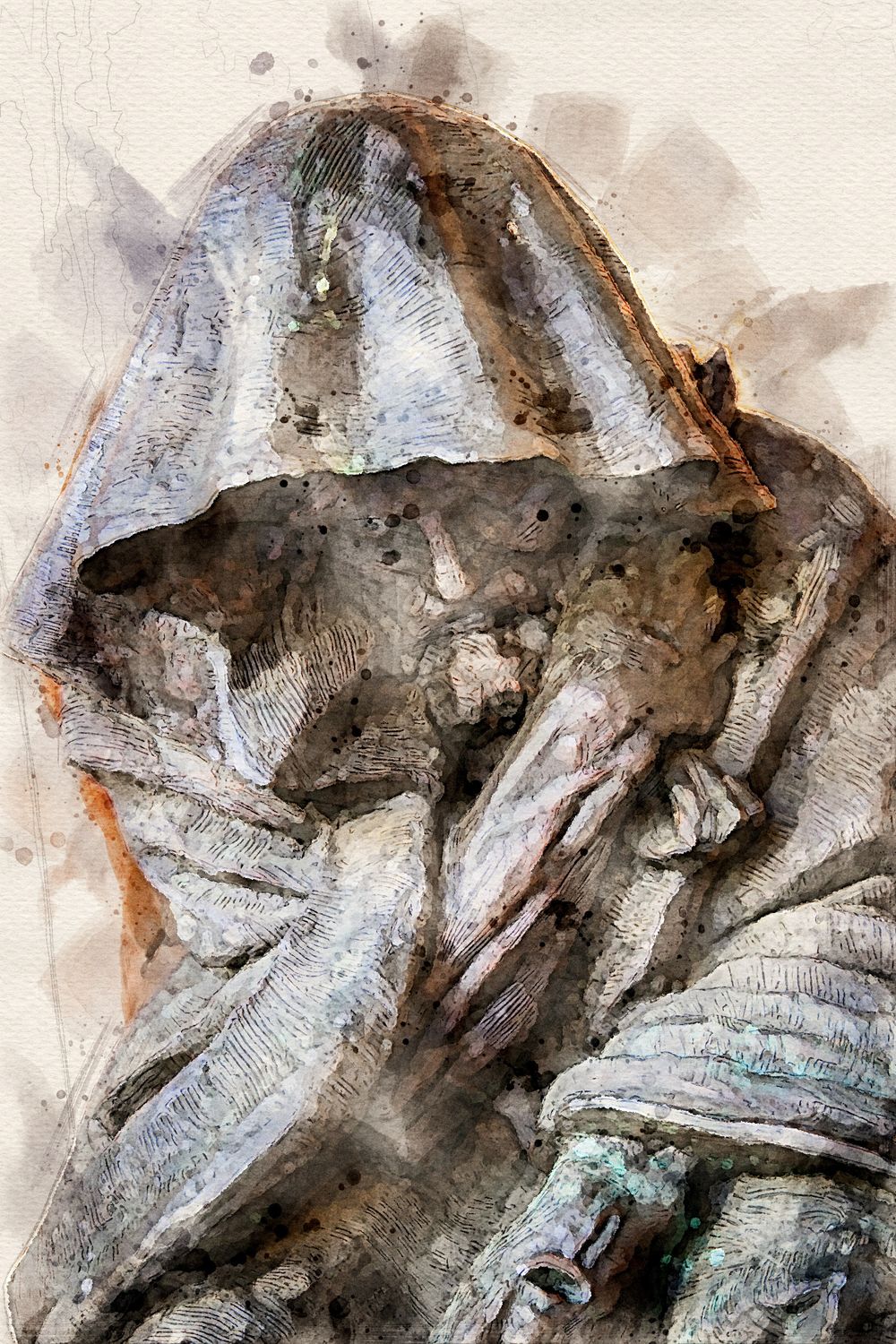 Abstract watercolor artwork depicting a statue of Jesus found in Florence with grey and brown tones.