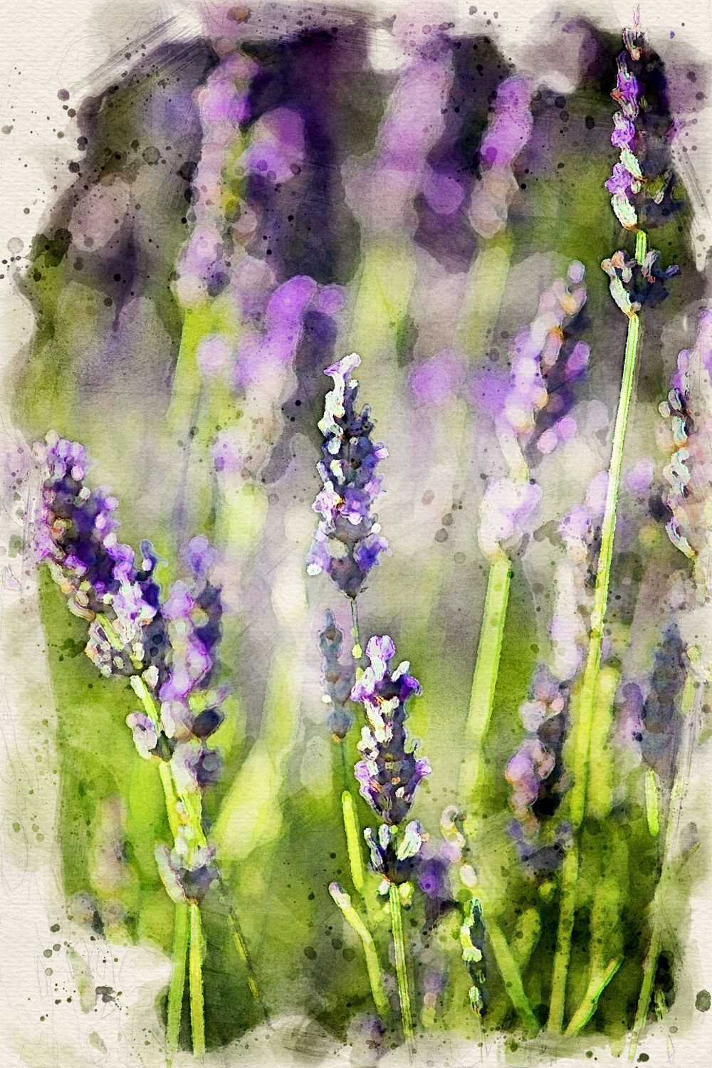Dreamy watercolor painting of purple lavender flowers swaying in a Tuscan summer garden.