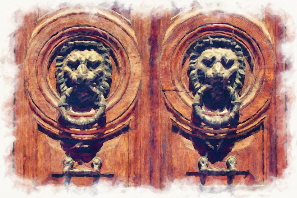 Decorative twin lion door knockers on red wooden background in artistic watercolor style in Rome.