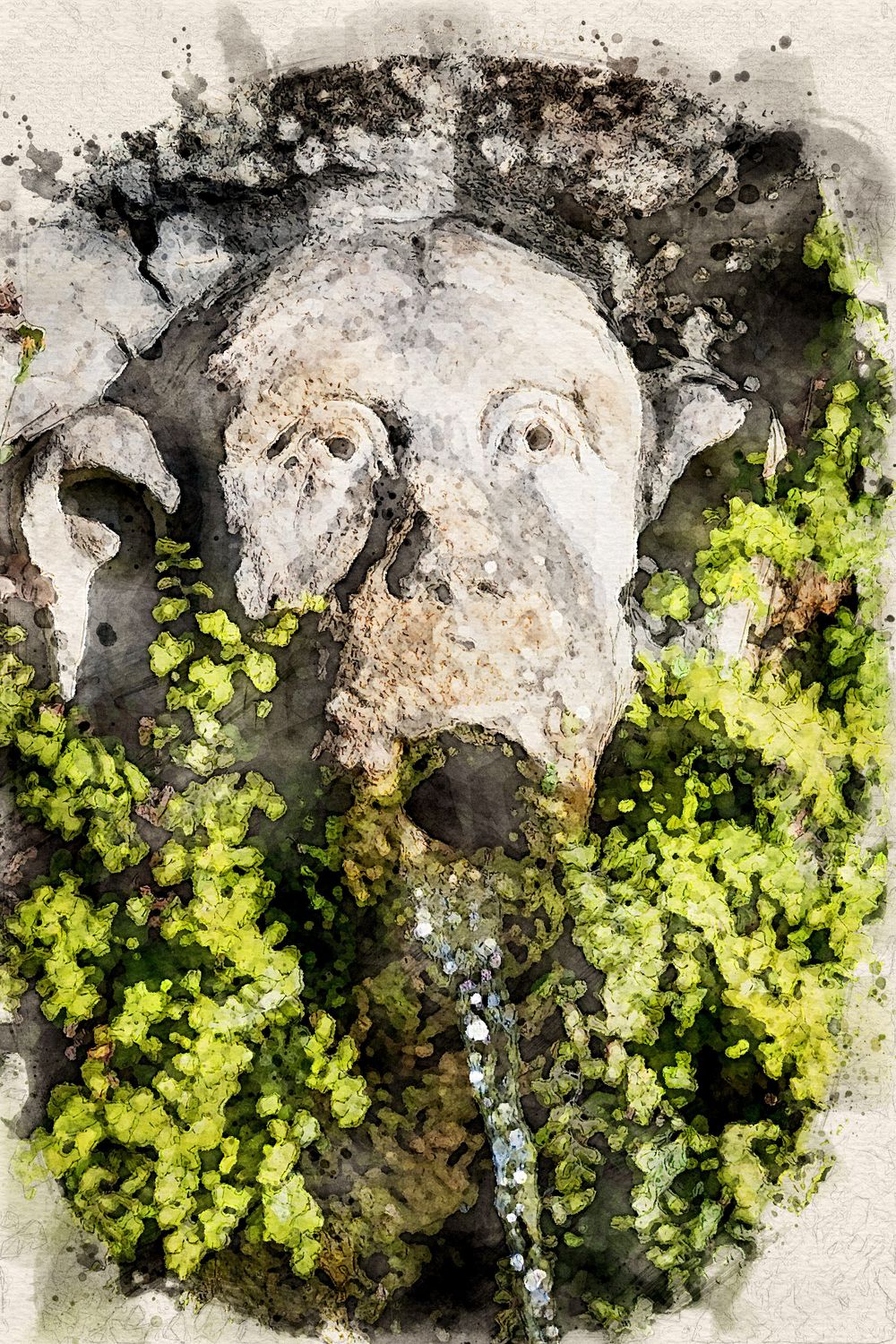 Ancient stone fountain head with moss growing around it in weathered wall at Villa d'Este in Tivoli.