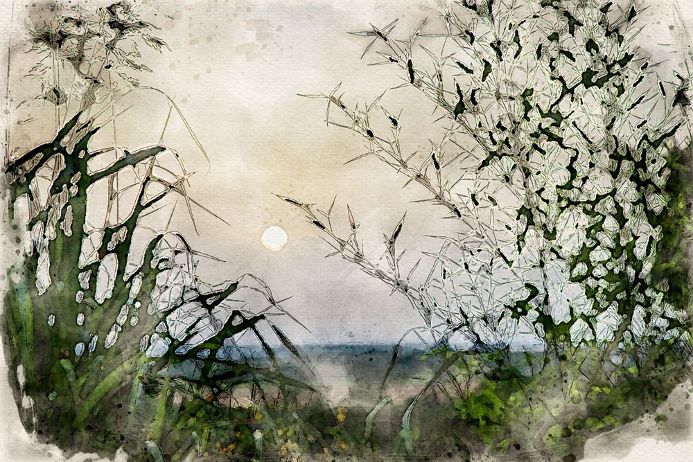Ethereal watercolor landscape showing a full moon through misty tree branches at a Tuscan restaurant.