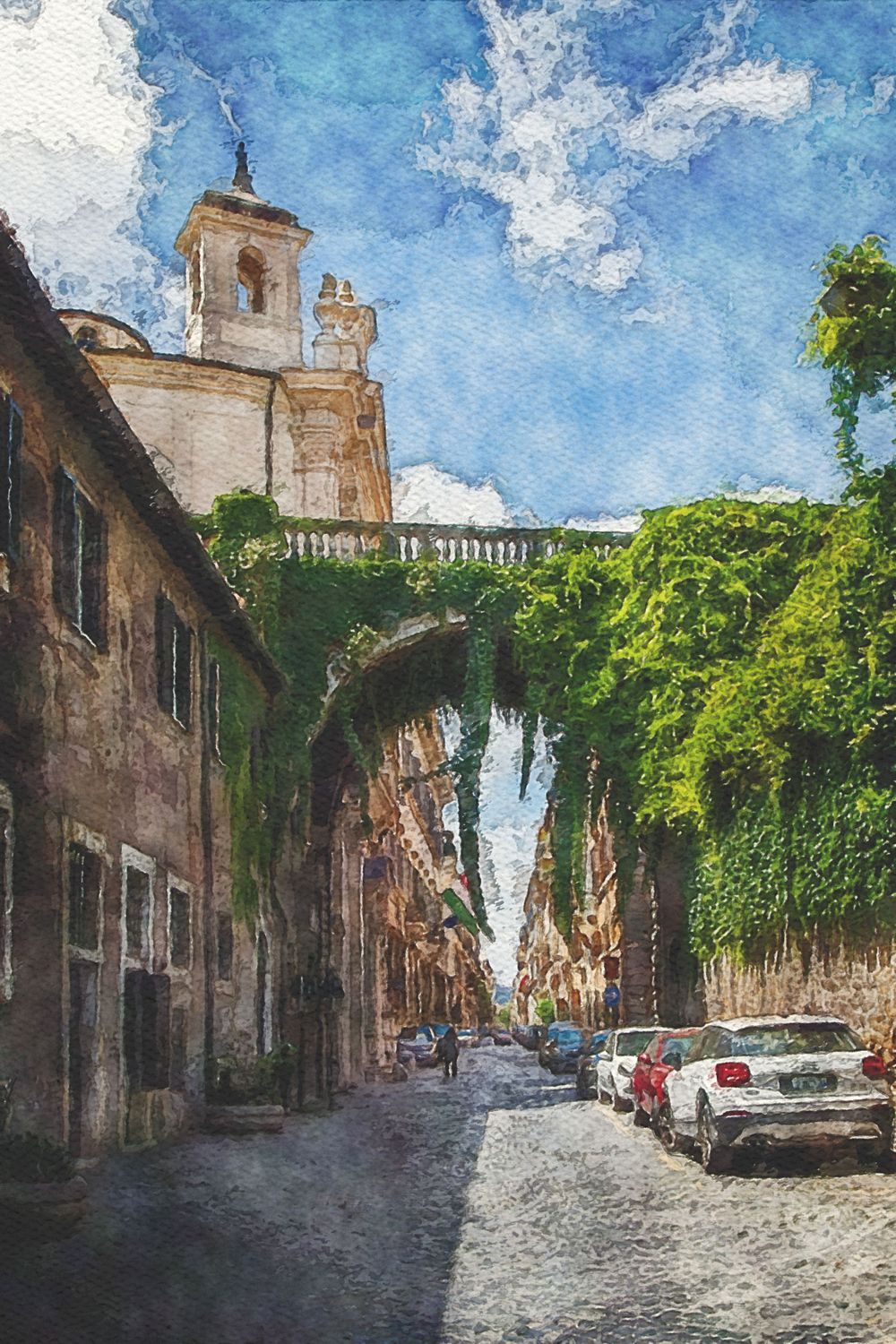 Historic Italian street with an ivy-covered archway bridge and church tower under a vibrant blue sky.