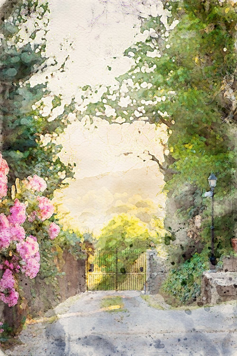 Watercolor painting of a golden gate at the end of a Tuscan garden path with pink roses and stone walls.