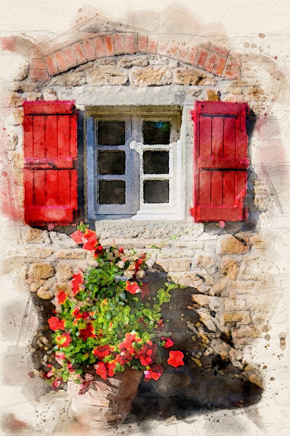 Rustic window with red shutters and colorful flowers in a stone cottage wall in Tuscany.