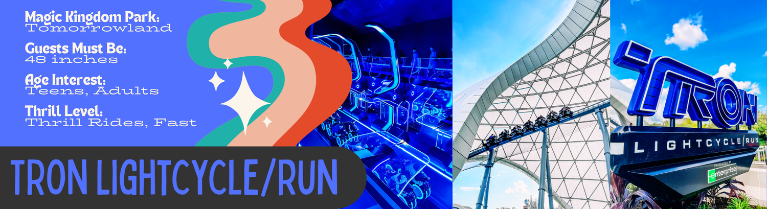 Two connected promotional images showing sci-fi themed Tron lightcycle attraction at night and futuristic building facade.