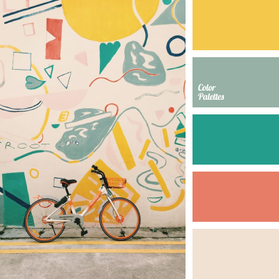 Yellow and teal color scheme inspired by street art and a bicycle scene.