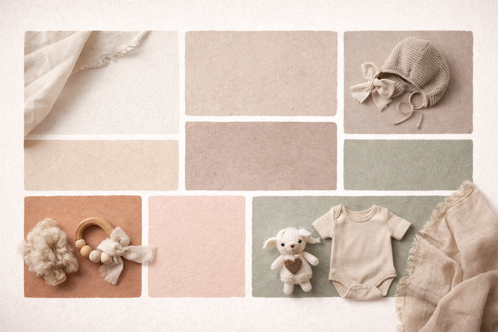 A collection of neutral beige and cream colored fabric swatches arranged in a grid pattern.