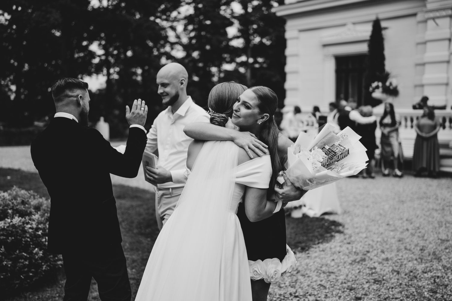 Candid moments of wedding guests celebrating on a sunny afternoon.