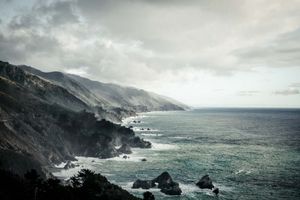 A view of Big Sure and the Pacific Ocean, shot from a mountain peak off of the highway in California.