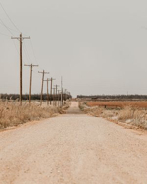 An empty forgotten highway deep in the Texas hill country, with wooden telephone poles leading off into the distance.