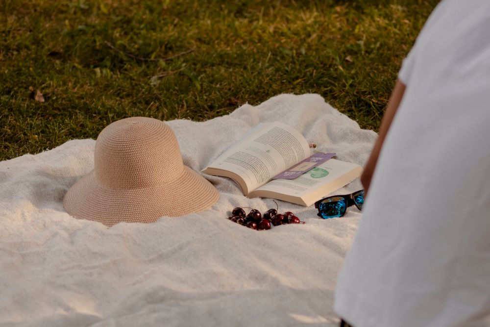 Couple sitting on a white picnic blanket in the evening sunshine, Lake Ontario Park, Kingston, ON, Ca. Detail: hat, cherries and book.