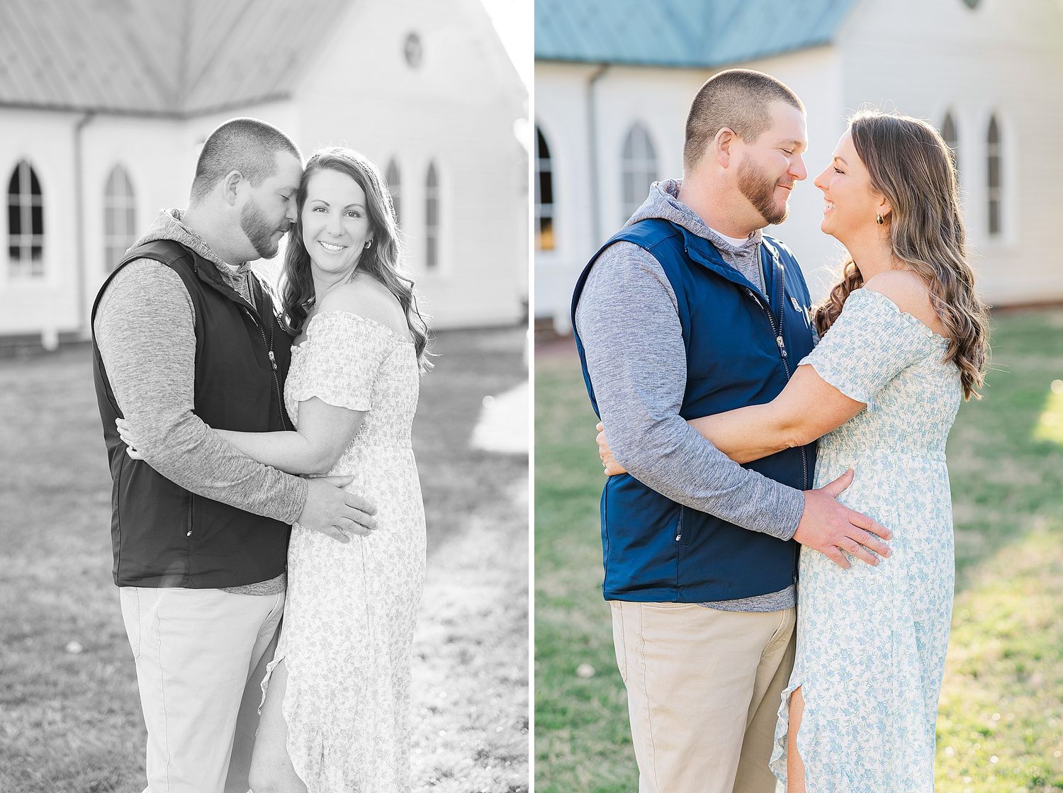 A couple sharing a romantic moment outside a church in matching blue vest and floral dress outfits.
