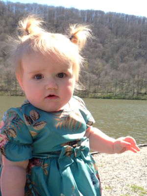 A small child in a teal dress with pigtails poses by a lake.