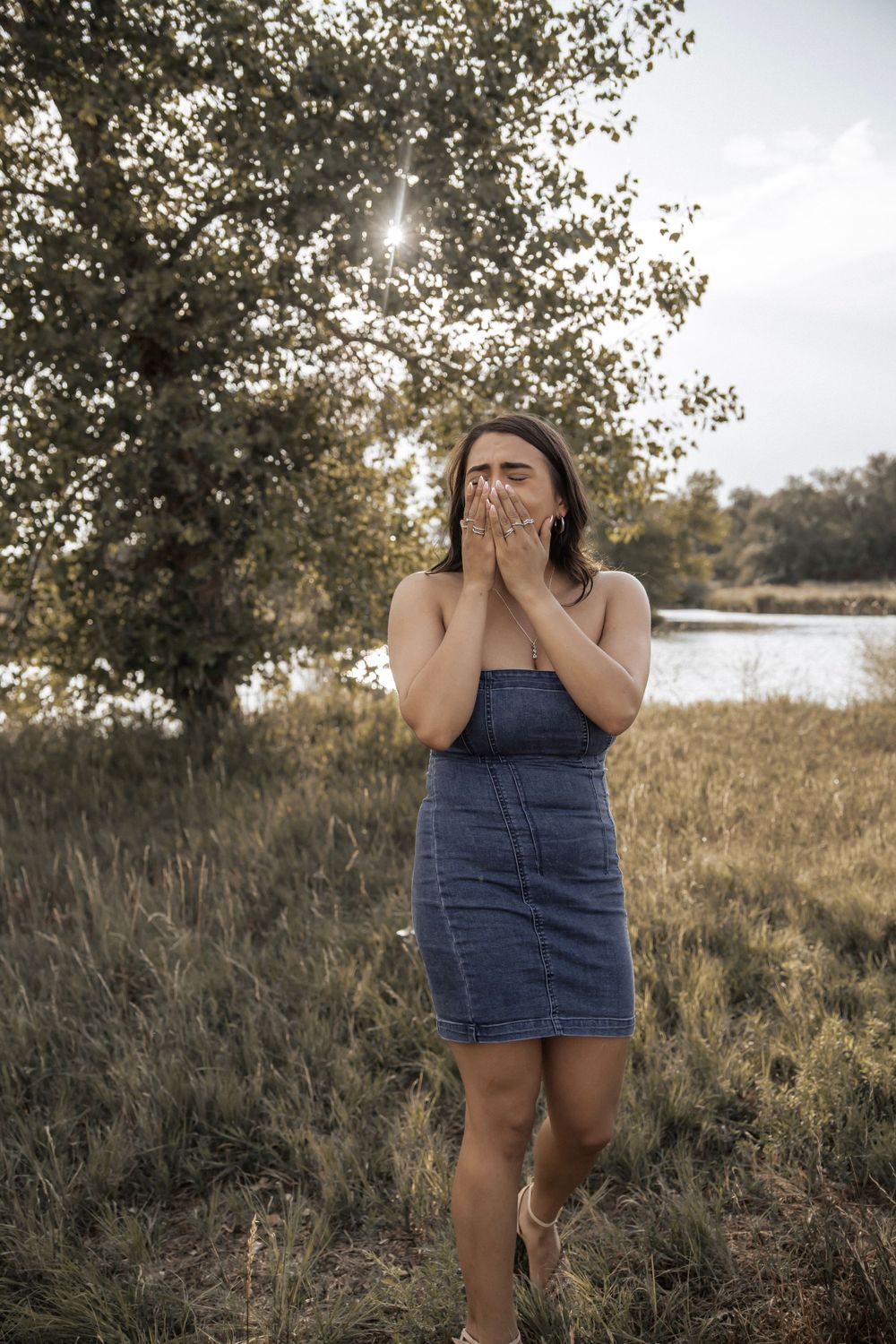 Woman cries happy tears during engagement