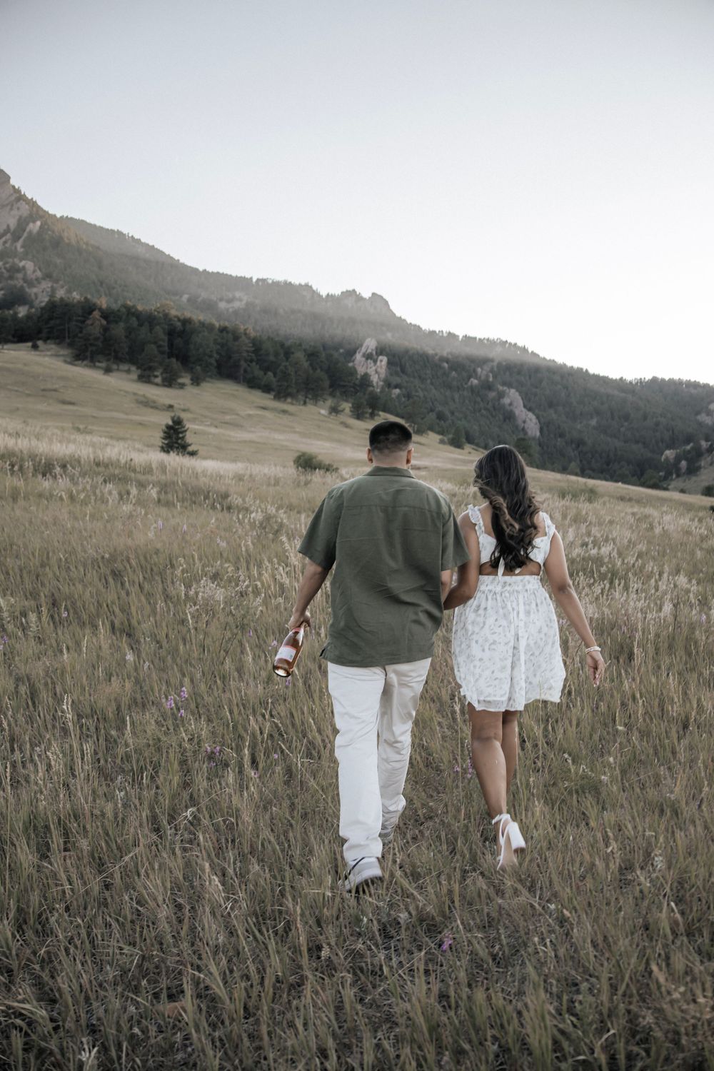 Man and woman holding hands in a field with mountains in the background