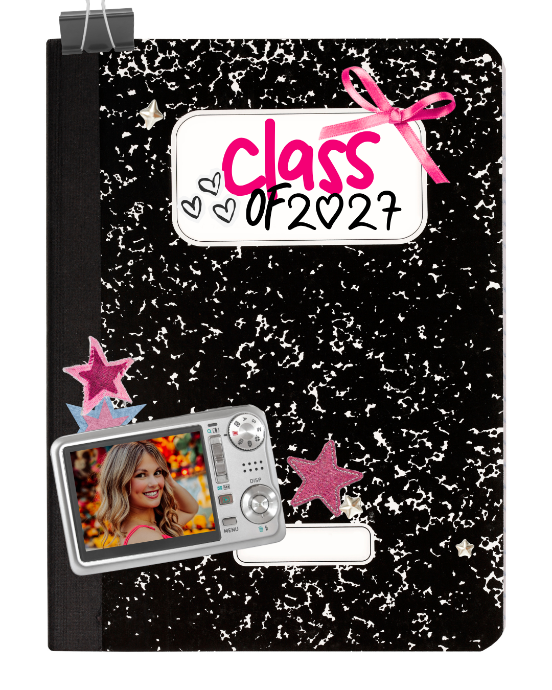 A decorative black and pink scrapbook page design with stars and camera embellishments against a distressed background.