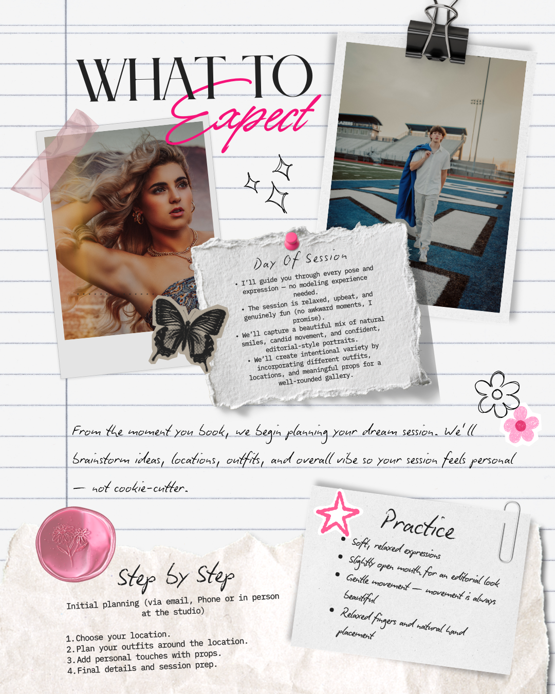 A collage of wedding planning documents and notes with decorative butterflies and floral elements in soft pink tones.