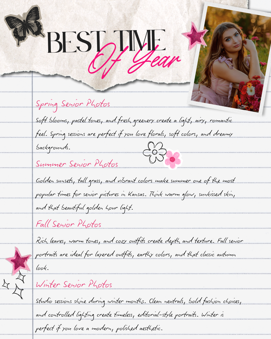 Torn paper collage design featuring handwritten text about Best Time of Year with pink floral accents and decorative elements.