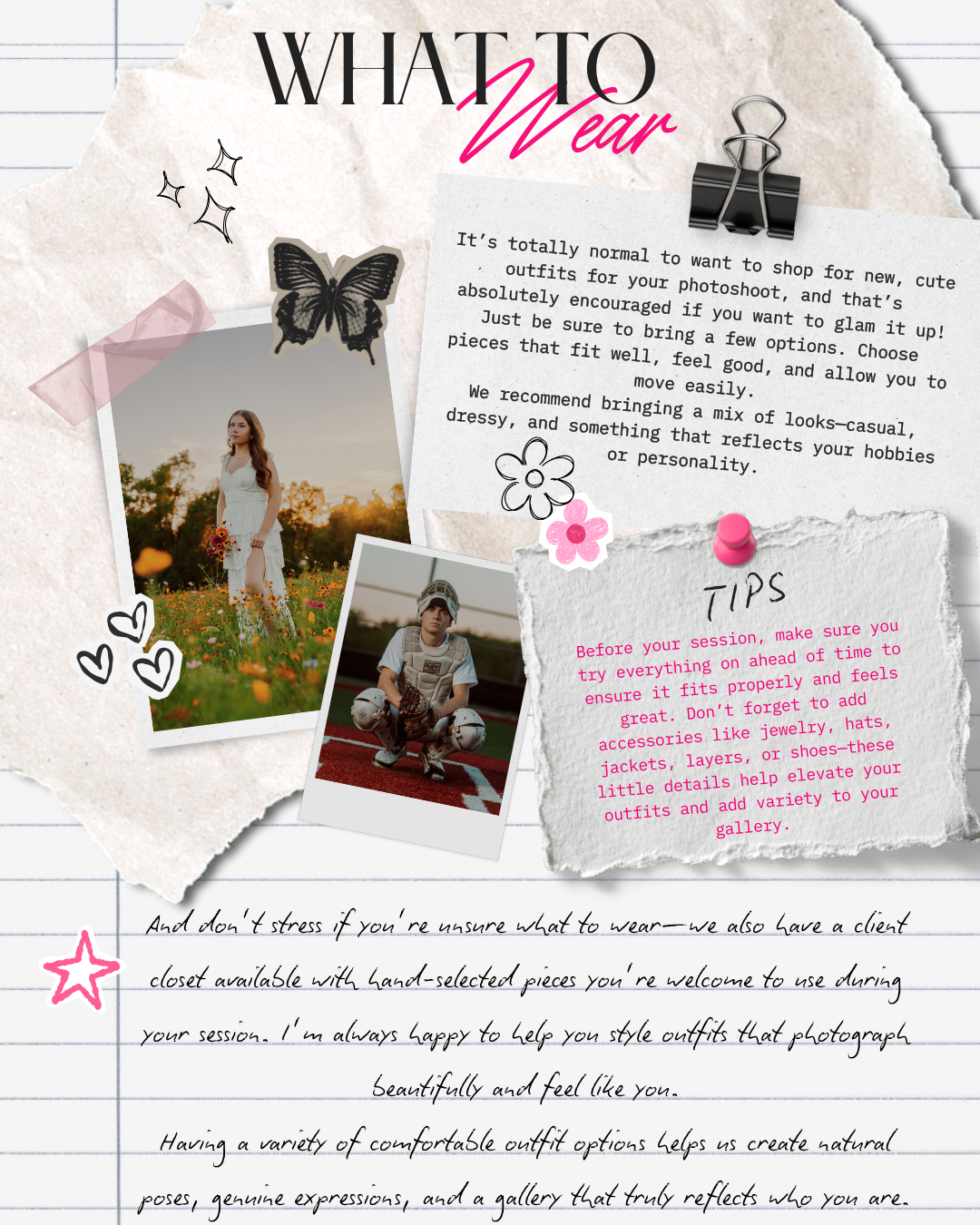 A collage of photography tips and text overlays on a white background with pink accents and decorative elements.
